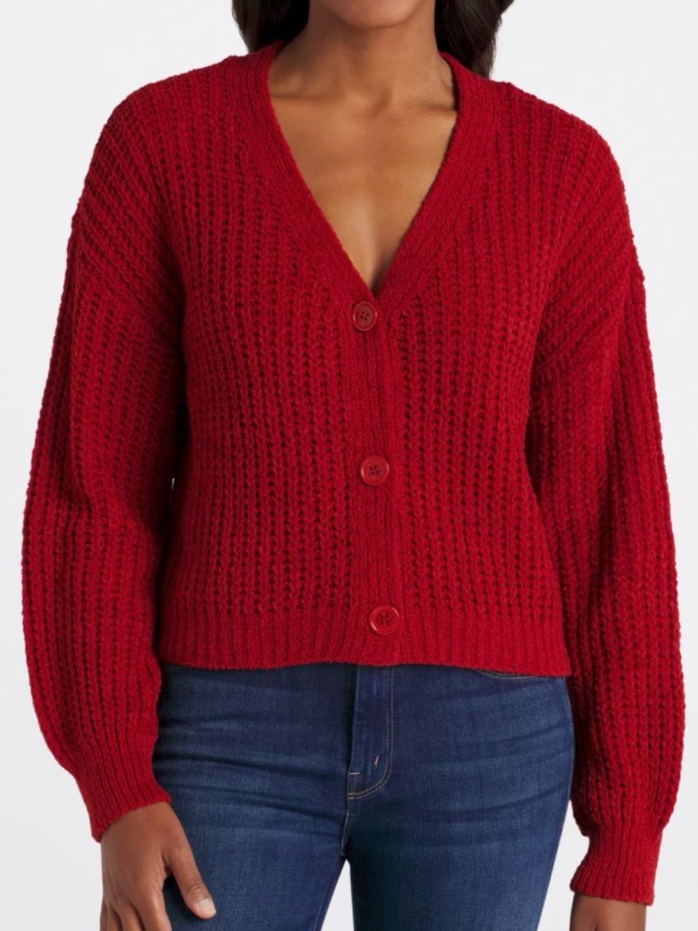 Red Chunky Cozy Knit Cropped Cardigan Sweater Button Front | Size XL